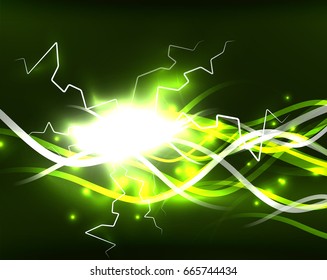 Plantilla de líneas onduladas. Concepto de alumbrado de color en el fondo oscuro, mágico de energía abstracto