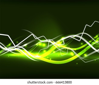 Glowing wavy lines template. Color lightning concept in the dark, energy magic abstract background