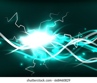 Glowing wavy lines template. Color lightning concept in the dark, energy magic abstract background