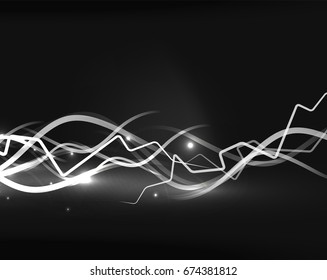Glowing wavy lines template. Color lightning concept in the dark, energy magic abstract background