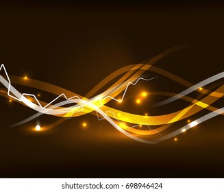 Glowing wavy lines template. Color lightning concept in the dark, energy magic abstract background