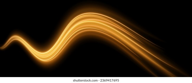 Glowing wavy trail with flying particles on black background. Golden luminous neon shape wave with dynamic magical dust. Sparkling light effect. Vector illustration. EPS 10.
