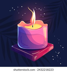 Glowing wax candle with flame in cartoon style. Magic candlelight and purple colors. Decoration for wellness and spa.