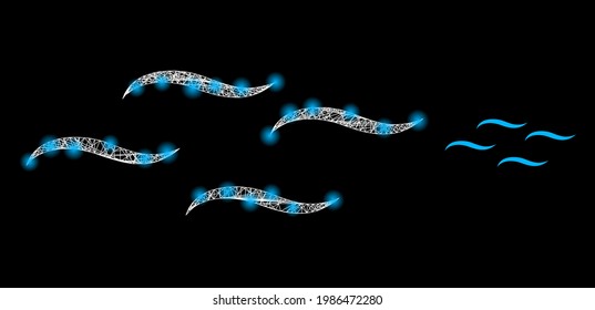 Glowing web air with light spots. Linear frame flat network generated with intersected white lines and air icon. White mesh and sparkle frame mesh air on a black background.