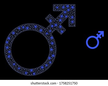 Glowing web mesh alternate gender symbol with light spots. Illuminated vector 2d constellation created from alternate gender symbol icon. Sparkle carcass mesh polygonal alternate gender symbol.