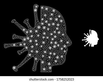 Glowing web mesh coronavirus man head with lightspots. Illuminated vector 2d model created from coronavirus man head icon. Sparkle carcass mesh polygonal coronavirus man head.