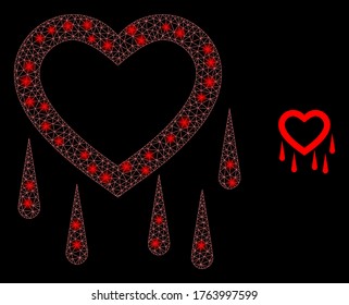 Glowing web mesh crying heart with light spots. Illuminated vector 2d constellation created from crying heart icon. Sparkle carcass mesh polygonal crying heart.