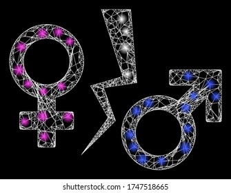 Glowing web mesh divorce symbol with lightspots. Illuminated vector 2d constellation created from divorce symbol icon. 