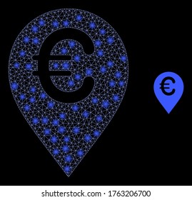 Verleugnende Web-Mesh-Euromap-Marker mit leuchtenden Flecken. Illuminierte Vektor-2D-Konstellation, erstellt aus dem Euro-Kartenmarkierungssymbol. Sparkenkarkasse-Maschen-Polygonal-Euro-Kartenmarker.