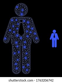 Glowing web mesh groom with glowing spots. Illuminated vector 2d model created from groom icon. Sparkle carcass mesh polygonal groom. Wire carcass 2D mesh in eps10 vector format, lines,