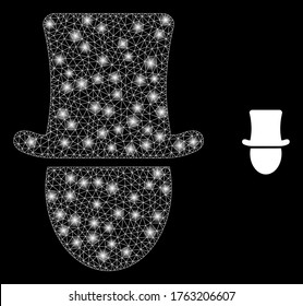 Glowing web mesh hat man with glowing spots. Illuminated vector 2d constellation created from hat man icon. Sparkle carcass mesh polygonal hat man. Wire frame 2D network in vector format, lines,