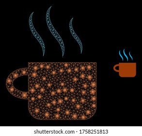 Glühende Web-Mesh heißen Teebecher mit Lichtpunkten. Illuminiertes Vektormodell 2d, das aus dem Symbol für den heißen Teebecher erstellt wurde. Sparkle Rahmen Mesh Polygonaler heißer Teebecher. Wire-Frame-2D-Netzwerk in Vektor-EPS-Format, Linien,
