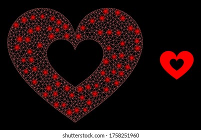 Glowing web mesh love heart with light spots. Illuminated vector 2d constellation created from love heart icon. Sparkle frame mesh polygonal love heart. Linear frame flat mesh in vector EPS format,