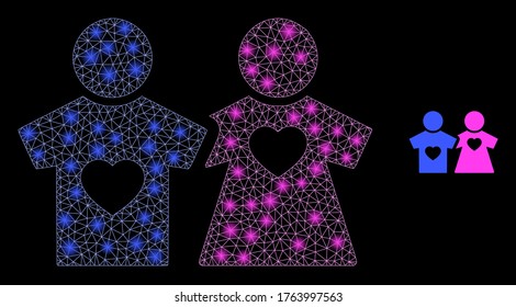 Glowing web mesh lovers persons with glowing spots. Illuminated vector 2d model created from lovers persons icon. Sparkle carcass mesh polygonal lovers persons.