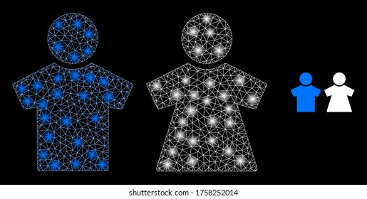 Glowing web mesh people couple with glowing spots. Illuminated vector 2d model created from people couple icon. Sparkle frame mesh polygonal people couple. Linear frame flat mesh in vector format,