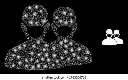 Glowing web mesh people with masks with light spots. Illuminated vector 2d constellation created from people with masks icon. Sparkle frame mesh polygonal people with masks.