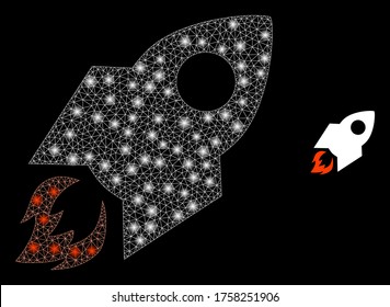 Glowing web mesh rocket flight with light spots. Illuminated vector 2d constellation created from rocket flight icon. Sparkle frame mesh polygonal rocket flight.