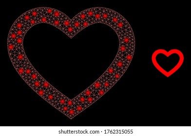 Glowing web mesh romantic heart with glowing spots. Illuminated vector 2d model created from romantic heart icon. Sparkle carcass mesh polygonal romantic heart.