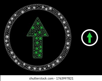 Glowing web mesh rounded up arrow with light spots. Illuminated vector 2d model created from rounded up arrow icon. Sparkle frame mesh polygonal rounded up arrow.