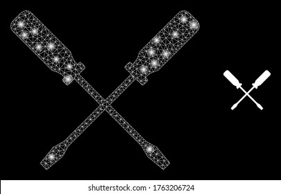 Glowing web mesh screwdrivers with glowing spots. Illuminated vector 2d constellation created from screwdrivers icon. Sparkle carcass mesh polygonal screwdrivers.