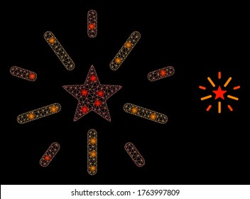 Glowing web mesh shine star with glowing spots. Illuminated vector 2d model created from shine star icon. Sparkle carcass mesh polygonal shine star. Linear carcass flat mesh in eps10 vector format,