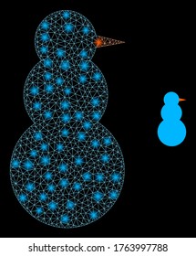 Glowing web mesh snow man with lightspots. Illuminated vector 2d model created from snow man icon. Sparkle frame mesh polygonal snow man. Wire frame 2D mesh in vector EPS format, lines,