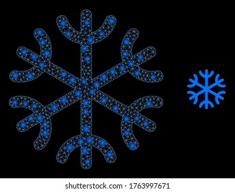 Glühende Schneeflocke aus dem Netz mit leuchtenden Flecken. Illuminiertes Vektor2d-Modell, das aus dem Snowflake-Symbol erstellt wurde. Polygonaler Schneeflocken mit glattem Rahmen. Flachmaschen mit linearem Rahmen in Vektorformat, Linien,