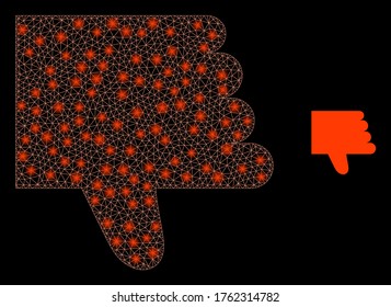 Glowing web mesh thumb down with light spots. Illuminated vector 2d constellation created from thumb down icon. Sparkle carcass mesh polygonal thumb down. Wire carcass flat mesh in vector format,