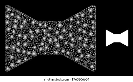 La malla de la tela brillante se contrae con los focos. Modelo vectorial 2d iluminado creado a partir del icono de arco de empate. Parking de malla de la canal de espuma arco de corbata poligonal. Red 2D de canales de cable en formato vectorial, líneas,