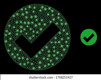 Glowing web mesh valid with glowing spots. Illuminated vector 2d constellation created from valid icon. Sparkle frame mesh polygonal valid. Linear frame flat mesh in eps10 vector format, lines,