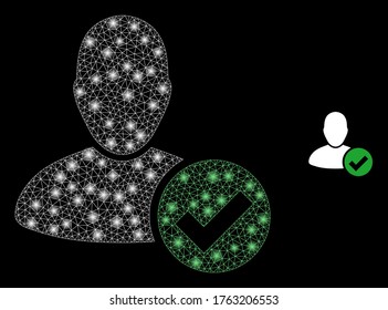 Glowing web mesh valid user with glowing spots. Illuminated vector 2d model created from valid user icon. Sparkle carcass mesh polygonal valid user. Wire carcass 2D mesh in vector EPS format, lines,