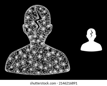 Glowing web migraine with glowing spots. Wire carcass 2D mesh generated with intersected white lines and migraine icon. White mesh and sparkle carcass mesh migraine on a black background.