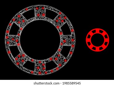 Glühender Web-Modell-Casino-Chip mit Leuchtpunkten. Lineares 2D-Maschen, erzeugt aus gekreuzten weißen Linien und Kasinochipsymbol. Weißer Maschen- und Funkelmaschen-Maschen-Kasino-Chip auf schwarzem Hintergrund.