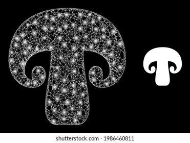 Modelo web brillante champignon champihroom con puntos brillantes. Malla 2D de canal de cables generada con cruces de líneas blancas e ícono de hongo campeón.