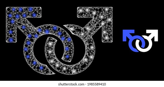 Glowing web model gay pair symbol with lightspots. Wire carcass flat network generated with crossing white lines and gay pair symbol icon.
