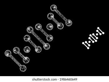 Glowing web model genome code with glowing spots. Wire carcass 2D mesh generated from crossed white lines and genome code icon. White mesh and sparkle carcass mesh genome code on a black background.