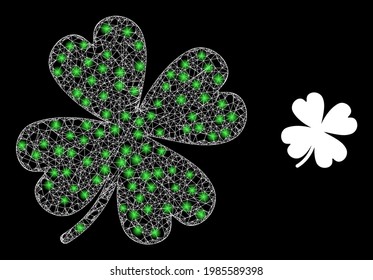 Glowing web model lucky clover leaf with lightspots. Wire frame 2D mesh generated from crossing white lines and lucky clover leaf icon.
