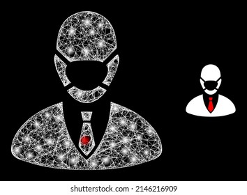 Glühende Web-Model-Manager-Maske mit leuchtenden Flecken. Flache Maschen aus linearem Karkass, erzeugt mit durchkreuzten weißen Linien und dem Symbol der Managers.