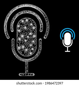 Glowing web model microphone with glowing spots. Linear frame flat network generated with crossing white lines and microphone icon. White mesh and sparkle frame mesh microphone on a black background.