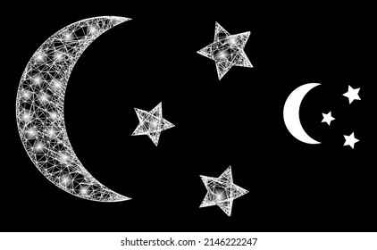 Glowing web model night moon sky with glowing spots. Linear carcass flat mesh generated from crossing white lines and night moon sky icon.