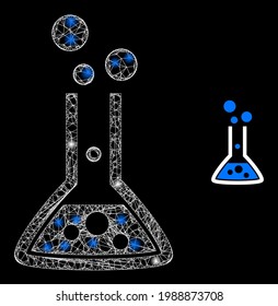 Glowing web model reaction flask with light spots. Wire carcass flat mesh generated with crossed white lines and reaction flask icon.