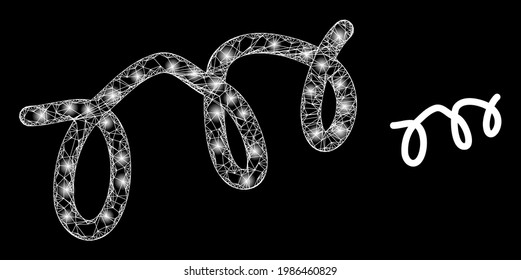 Glowing web model spiral microbe with glowing spots. Wire frame 2D network generated with crossed white lines and spiral microbe icon.
