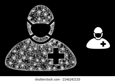 Un cirujano cirujano modelo web brillante con puntos brillantes. Malla 2D de marco lineal generada a partir de líneas blancas cruzadas e icono médico cirujano.