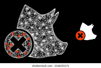 Glowing web model wrong pork with glowing spots. Linear carcass 2D network generated from intersected white lines and wrong pork icon.