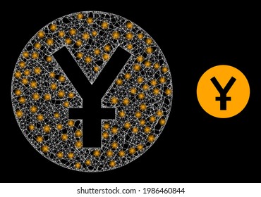 Glowing web model yuan coin with glowing spots. Linear frame 2D network generated with intersected white lines and yuan coin icon. White mesh and sparkle frame mesh yuan coin on a black background.