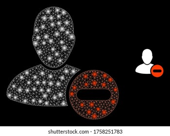 Glowing web net remove user with glowing spots. Illuminated vector 2d constellation created from remove user icon. Sparkle carcass mesh polygonal remove user.