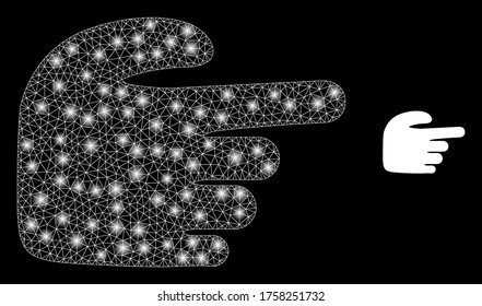Dedo índice derecho de red brillante con puntos de luz. Constelación vectorial iluminada de 2d creada a partir del icono del dedo índice derecho. Malla de marco de espuma dedo índice derecho poligonal.