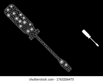 Destornillador de red de la web brillante con puntos brillantes. Constelación vectorial iluminada de 2d creada a partir del icono del destornillador. Destornillador poligonal de malla del marco de la aguja.