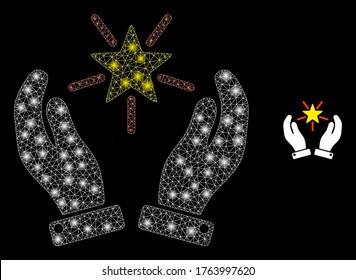 Glowing web net shine star care hands with glowing spots. Illuminated vector 2d constellation created from shine star care hands icon. Sparkle carcass mesh polygonal shine star care hands.