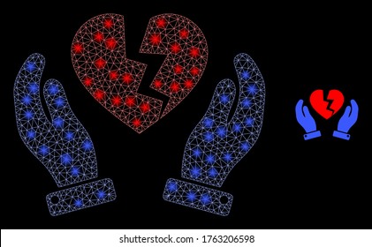 Glowing web network broken heart protection hands with glowing spots. Illuminated vector 2d constellation created from broken heart protection hands icon.